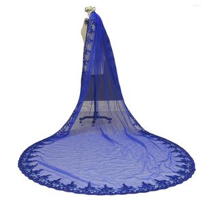 Bridal Veils Real Image 3 meter Ett lager bling paljetter Lace Edge Blue Veil Färgglada bröllop med COMB8114936