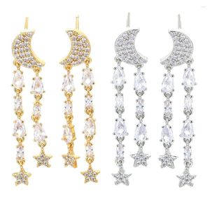 Studörhängen Eyika Temperament Cubic Zircon Moon Star Pendant Earring Gold Silver Color Long Tassel Chain Drop For Women smycken