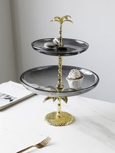 Teller Desserttablett Doppelglas Nordic Golden Coconut Tree Modellierung Obstteller Nachmittagstee Kreative Wohnzimmer Desktop-Dekoration