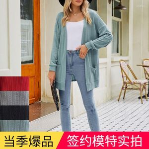 Malhas femininas mulher camisola cardigan outono/inverno cor sólida manga longa tricô bolsos venda roupas femininas gota lqfs9845