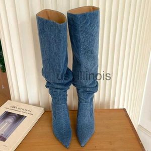 Boots Street Fashion Cowboy Boots for Women 2023 Nowe spiczaste buty damskie Blue Denim High Heels Mid Calf Boots Zapatos de Mujer J230901