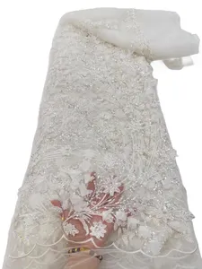 Biały tiul koronkowy materiał ślubny haft francuska netto afrykańskie szycie 2023 Wysokiej jakości 5-metrowe cekiny Bride Tekstylna suknia z cekinami najnowsze YQ-4111