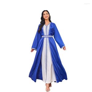 Abbigliamento etnico Ricamo blu Jalabya Abito arabo Donna Sera Maniche lunghe Abaya Dubai Set da 2 pezzi Musulmano