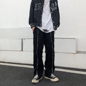 Calças masculinas moda coreana reta cintura alta streetwear calças com zíperes soltos harajuku preto hip hop calças atacado 230831