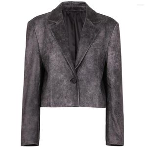 Women's Leather YOLOAgain 2023 Autumn Genuine Jacket Women Oversized Vintage Grey Blazer Ladies