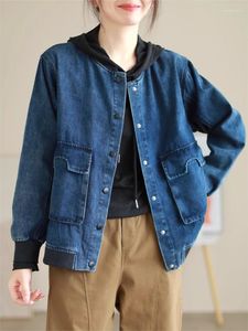 Jaquetas femininas Mulheres Outono Inverno Denim Retro V-Pescoço Botão Bolso Casual Tops 2023 Casaco Vintage