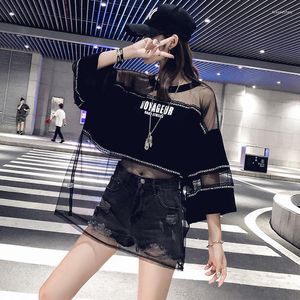Women's T Shirts Summer Street Fashion Oversize See Through Shirt Top Woman Korean Style Harajuku Mesh Perspective T-shirt Hip Hop Clothes