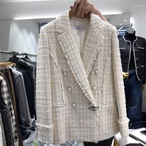 Ternos femininos celebridade terno casaco 2023 outono coreano duplo breasted moda solta borla splice vintage tweed blazer jaqueta z2737