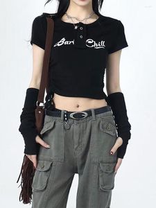 女性のTシャツレタープリントクロップトップ女性2023夏の半袖OネックTシャツ韓国ファッションドローストリングスリムY2Kトップスガールスキニー