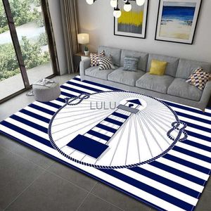 Dark Blue Stripe Ocean Lighthouse Area Rug Anchor Boat Decor Carpet Floor Mat Soft Carpet for Living Room Bathroom Kitchen HKD230901