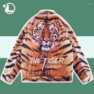 جاكيتات الرجال في الشارع High Street Fleece Parke Men Hop Hop Vintage Tiger Print Pattern مبطنة بالملابس الخارجية للجنسين.