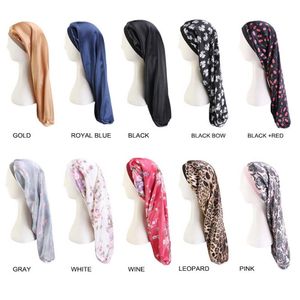 10 unids / lote Mujeres Gorro de Noche Elástico Borde Ancho Tela de Seda Pelo Largo Sombreros para Dormir Wrap Nightcap Cuidado del Cabello Bonnet Turbante Un Tamaño 2456