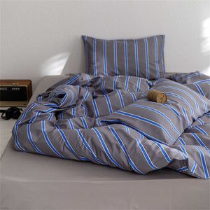 침구 세트 북유럽 회색 파란색 줄무늬 이불 커버 세트 면화 침구 세트 침대 리넨 시트 케이스