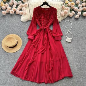 Casual Dresses Women's Dress Lace-up French Court Retro Mid-Calf Floral Print Solid Color O-Neck Slim Vestidos Flounced Edge Dropship