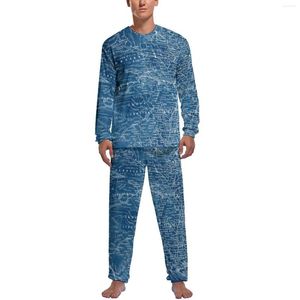 Mäns Sleepwear US Map Pyjamas Blue Print Män långärmad kawaii Set 2 stycken hem dagligen grafisk nattkläder gåva