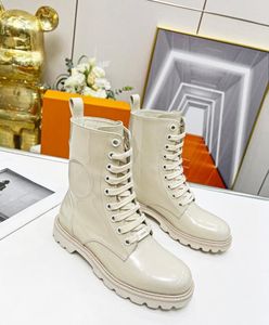 Latest Women's Boots Flat Bottom Round Head Front Lace Up Side Zipper Lacquer Leather Canvas Upper Formal Casual Banquet Work Matching Size 34-44 +box