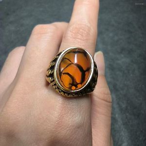 Cluster Rings 1pcs/lot Natural Agate Ring Men's Alloy Stainless Steel Titanium Male Engraved Dragon Claw Pattern Number 8 Fashion Gift