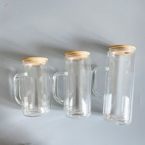 reusable 12oz 15oz 20oz crystal clear DIY pre-drilled double walled BPA free glass snow globe glitter tumbler mugs with handle and bamboo lid for iced coffee, soda