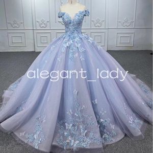 Lila blaues Schmetterlings-Quinceanera-Kleid, zweifarbig, schulterfrei, Gillter-Applikations-Korsett, Festkleid für 15-jährige Debütanten