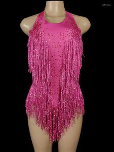 Stage Wear Neck Hanging Tassel Bright Diamond Sleeveless Jumpsuit Latin Dance Performance Competition Practice Costume