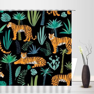 Shower Curtains Jungle Tiger Shower Curtains Wild Animals Leopard Big Cat Palm Leaves Plant Watercolor Asian Art Bathroom Home Decor Sets 230831