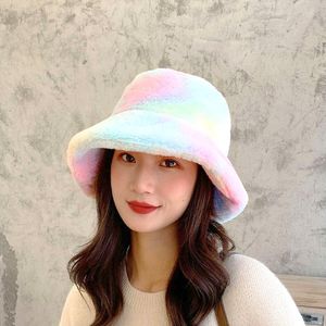 Berets Winter Women Plush Bucket Hat Girls Fashion Tie-dyed Fisherman Caps Colorful Fluffy Faux Fur Flat Top Hats Accessories