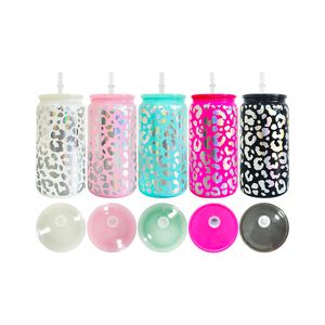 USA warehouse ready to ship high Borosilicate Recyclable Vinyl Wrap Decal Holographic Leopard cheetah print 16oz beer glass can with colorful plastic lids