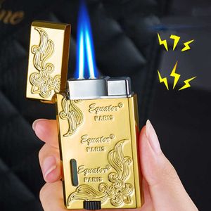 Metal Brushed Loud Voice Windproof Butane No Gas Lighter Double Blue Flame Visible Gasoline Bin Cigar Smoking Accessories Gadgets 7EBN
