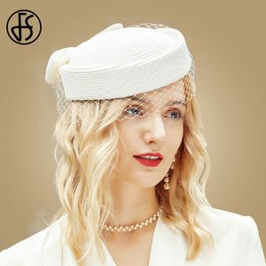 Breite Krempe Hüte Eimer FS Fascinator Weiße Pillbox Französische Baskenmütze mit Schleier Schwarz Stroh Mesh Frauen Fedora Cocktail Derby Party Kirche Hochzeit 230831