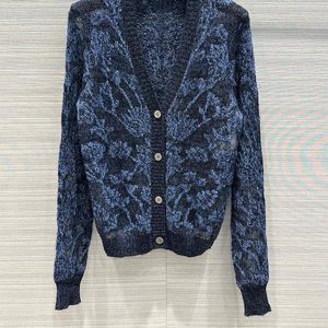 Women's Knits 23 Women High Quality Silk Cashmere Blend Knit Jacquard Cardigan Runway V-neck Long Sleeve Thin Perspective Sweater Fashion