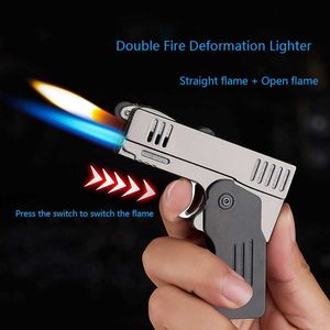 Ny dubbel branddeformation Pistol Butane No Gas Lighter Free Jet Torch Windproof Smoking Cigaretttillbehör VZXN