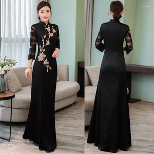 Vestidos casuais chinês tradicional vestido mulher elegante qipao preto vintage floral bordado banquete vestidos de noite maxi longo cheongsam