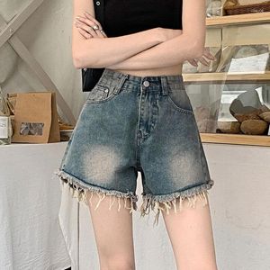 Jeans femininos lavados robusto retro vintage denim shorts bolso feminino borla design inserções cintura alta casual perna larga uma linha calças moda