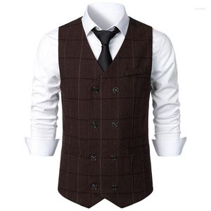Mäns västar 2023 Autumn Korean Style Unique Grid Double Breasted Suit Vest Men Casual Loose Retro Plaid Waistcoat för S-XXL