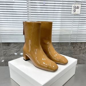 最高品質のファッションaeydeパテントレザースクエアチャンキーヒールバックジッパーアンクルアンクルブーツコンバットデザイナーブーティードレスオフィスシューズレディースガール4.5cm wihtボックス