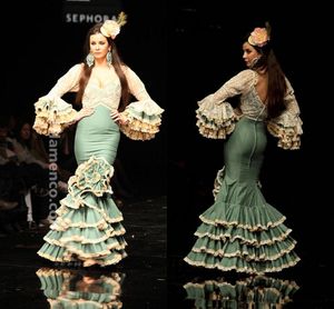 Şampanya Yeşil Moda Flamenca Balo Elbiseleri Peri Uzun Kollu Dantel Leke Ruffles Etek Denizkızı İspanya Akşam Elbise Kıyafet