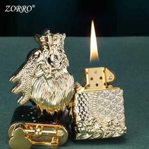 Novo luxo 3d dragão gravura zorro querosene isqueiro retro soldagem de metal masculino coleção fumar acessórios cigarro yqv7