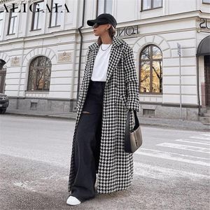 Casacos de trincheira femininos houndstooth impressão casaco longo high street elegante duplo breasted preto branco xadrez outerwear outono inverno 2023