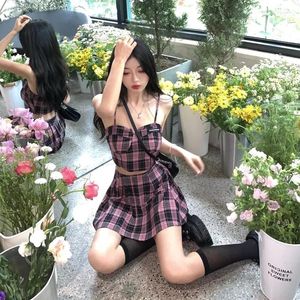 Work Dresses Fashion Girl Plaid Suit Womens Set Suspender Crop Top Summer Pleated Mini Skirt Fried Street Y2k Two Piece