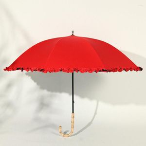 Guarda-chuvas Cúpula Guarda-chuva Renda Celebração de Casamento Vermelho Não Molhável Guarda-sol Parasol À Prova de Vento Forte Long Handle Guarda Chuva Rain Gear