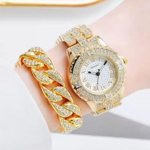 Zegarek 2pcs prosta mrożona bransoletka cubana dla kobiet bling luksusowa złota biżuteria hurtowa relojes para mujer