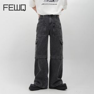 Mens Jeans Fewq Niche Design Highend Multi Pocket Men Casual mångsidig tungt arbete High Street Retro Warnout Full Legth Pants 24B3292 230831