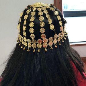 Stage Wear Bell Belly Dance Tiara Fashion Golden Metal Headwear Tassel Coined Head Cap Women Girls