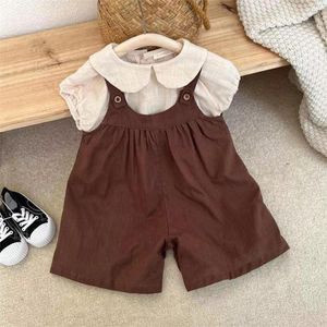 Conjuntos de roupas Melario Childrens Calças 2023 Verão Meninas Sen Series Strap para Médio e Pequeno Cor Sólida Japonesa