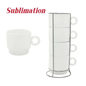 Sublimation Coffee Mugs Set of 4pcs 8oz Blank Stackable Coffee Mugs with Metal Rack Porcelain Stackable Cappuccino Cups for Coffee