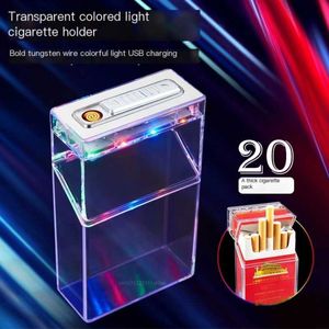 Multifunctional Colorful Light Transparent Cigarette Box Tungsten Wire Ignition Lighter 20 Coarse USB Charging NQAS