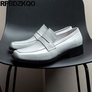 Sapatos de vestido bloco mocassins negócios salto médio couro genuíno escritório quadrado toe pele de vaca deslizamento em homens vintage formal britânico