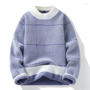 Men's Sweaters 2023 Winter High Elastic Thick Warm Knit Sweater Men Fashion Mink Cashmere Classic Checkered Stripe Pullovers