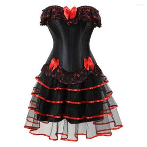 Bustiers korsetter korsett bustier med tutu kjol steampunk spets trim plus size zip korsett sexig klänning för kvinnor fest klubb natt