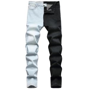 Jeans masculinos estilo americano europeu para homens moda costura de duas cores tendência estiramento locomotiva dobras streetwear masculino denim 241g